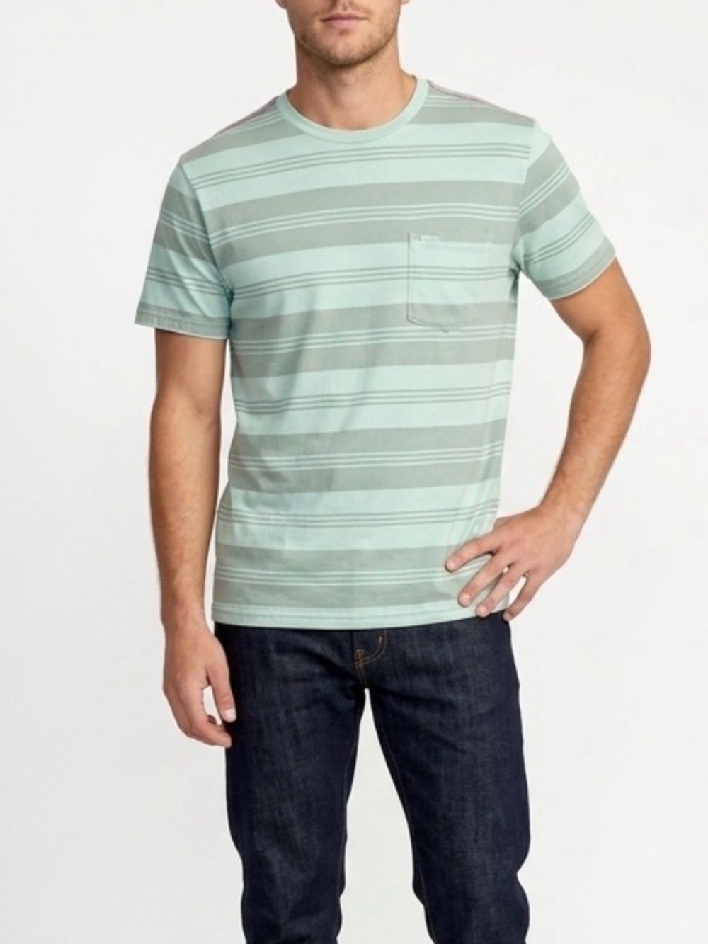 RVCA Shirt Mens XL Slim Fit PTC Stripe Short Sleeve Green Pocket Crewneck TShirt